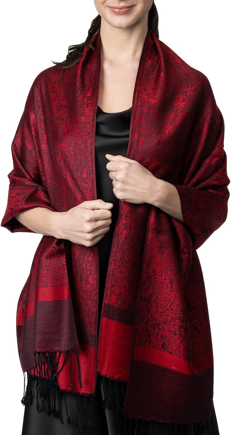 Achillea Two-Tone Vintage Paisley Pashmina Scarf – Lightweight Wrap & Shawl for Dresses, Weddings, Travel, All Seasons