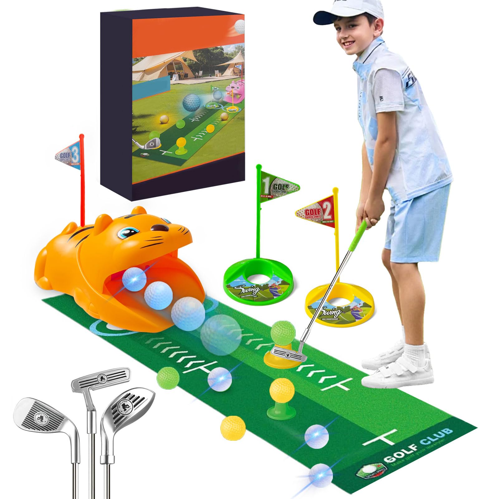 MeYuxg Juego de Mini Golf para Niños, 18 Piezas Juego de Mini Golf para Interiores y Exteriores con 3 Palos de Golf de Colores, 8 Pelotas, Juguete para Jugar al Golfs Infantil