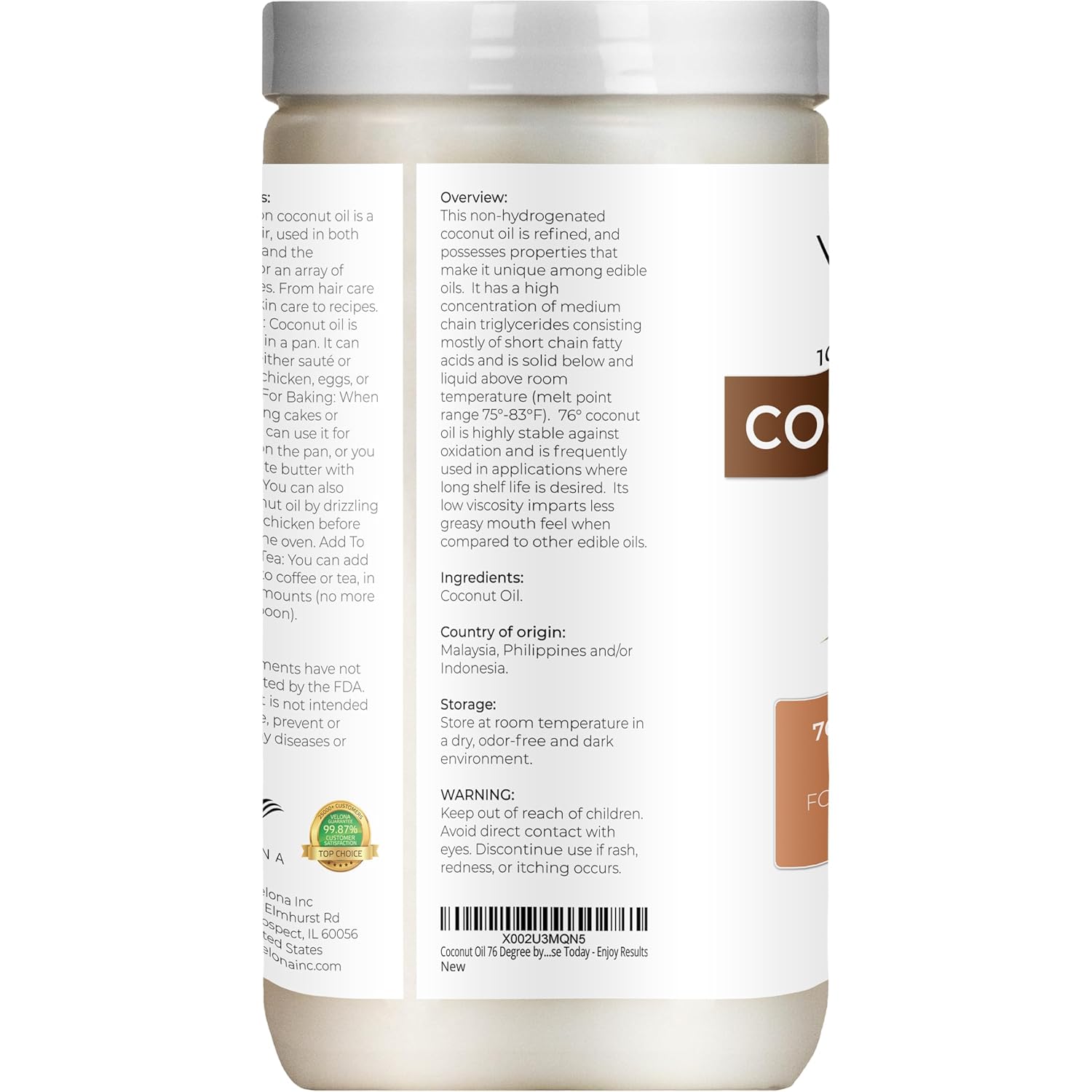 velona Coconut Oil 76 Degree 64 fl oz | 100% Pure and Natural Carrier Oil | in jar | Refined, Cold pressed | Skin, Face, Body, Hair Care | Use Today - Enjoy Results