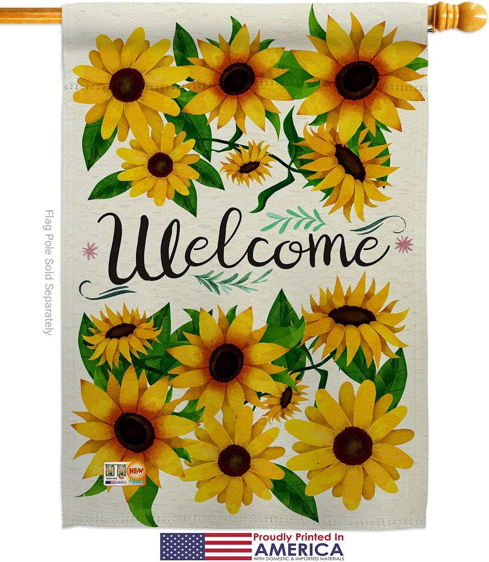 Welcome Sunflowers Bouquet House Flag Dowel Set Garden Floral Sunflower Tulip Rose Orchid Lilies Season Springtime Flower Wreath Small Decorative Gift Yard Banner Made In USA 28 X 40
