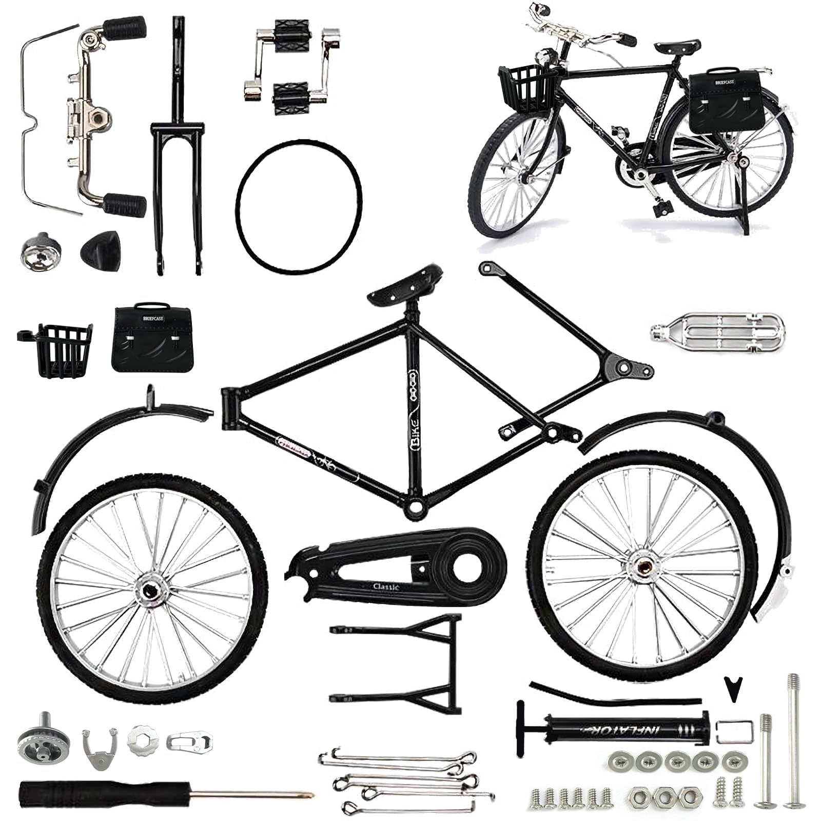 DIY Bicycle Model Scale Kit 1:10 Simulation Mini Bike Model with Inflator & Briefcase Creative Iron Art Ornament for Tabletop Home Office Decor