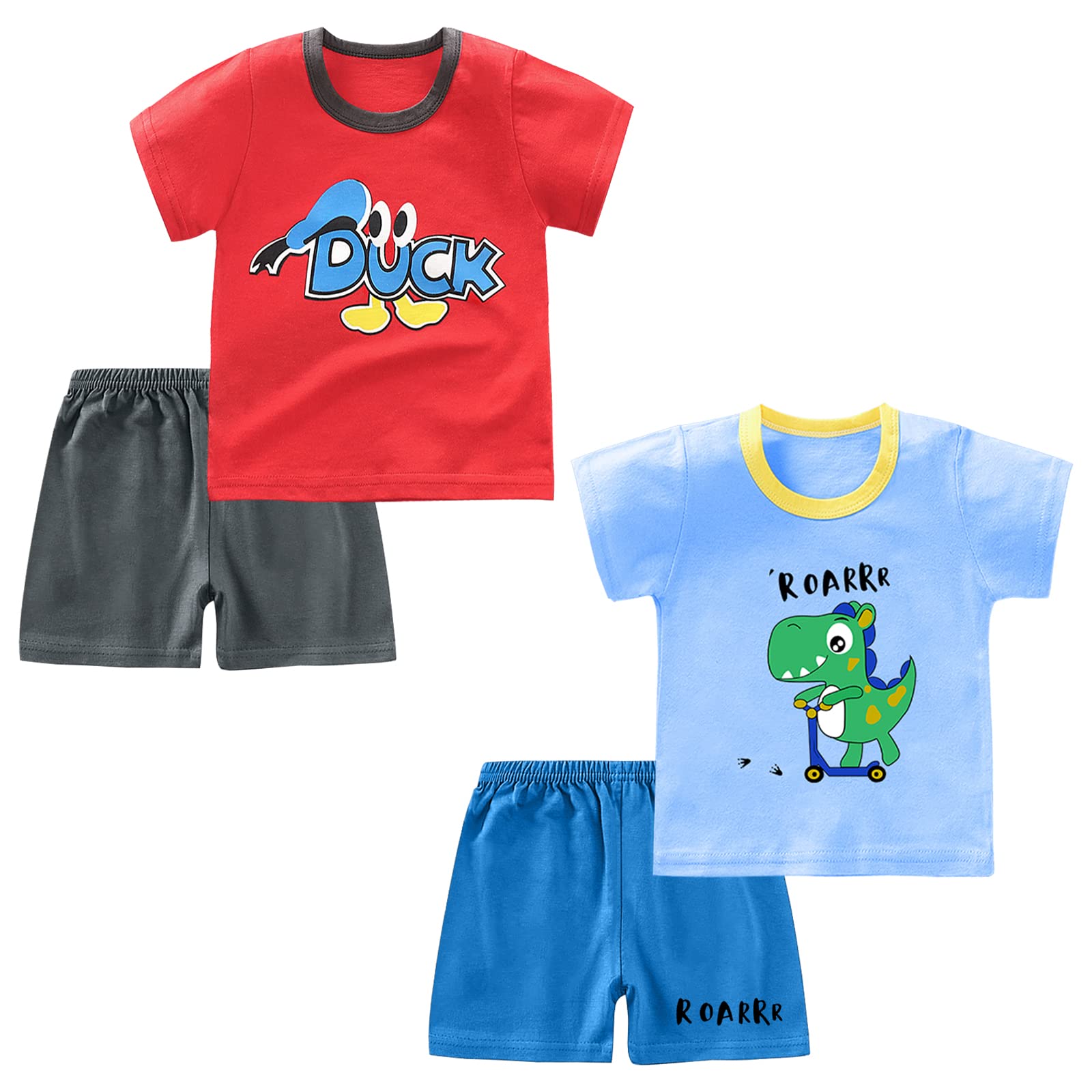Kumary Toddler Boys Short Sleeve T-Shirt and Shorts Set 2 Pack Cotton Summer Clothes Dinosaur Truck Kids Outfit Set 2-6 Year