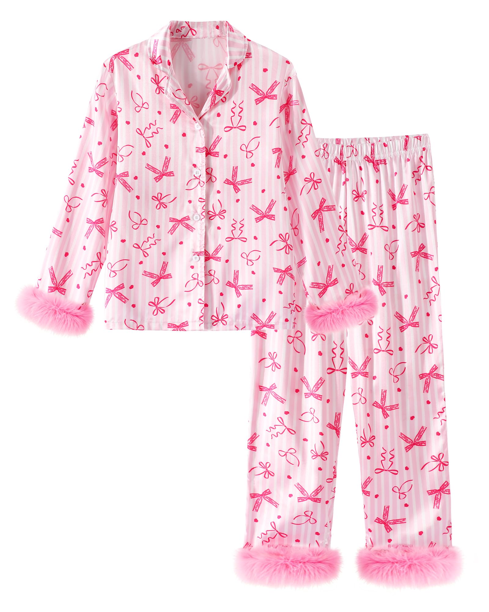 ZOEREA Schlafanzug Mädchen Satin Pyjama Kinder Flauschiger Besatz | 2 Teiliger Satin Pyjama für Mädchen Flauschiger Besatz Kinder Langarm Knopfleiste Pyjama Set Bunt Drucken 4–12 Jahre