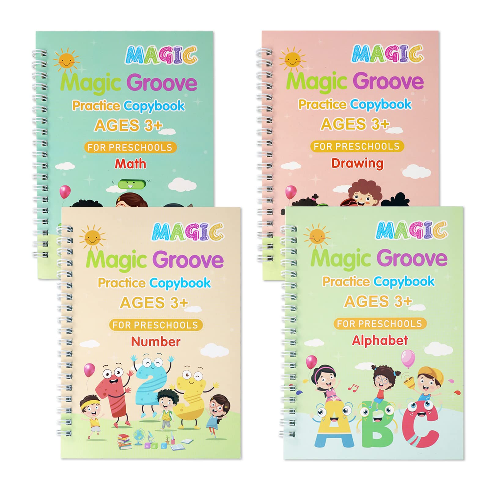 4 Pack Grooved Handwriting Books for Kids Magic Practice Copybook Cursive Writing Combination Groove Calligraphy Copybook for Kindergarten Preschool (4)