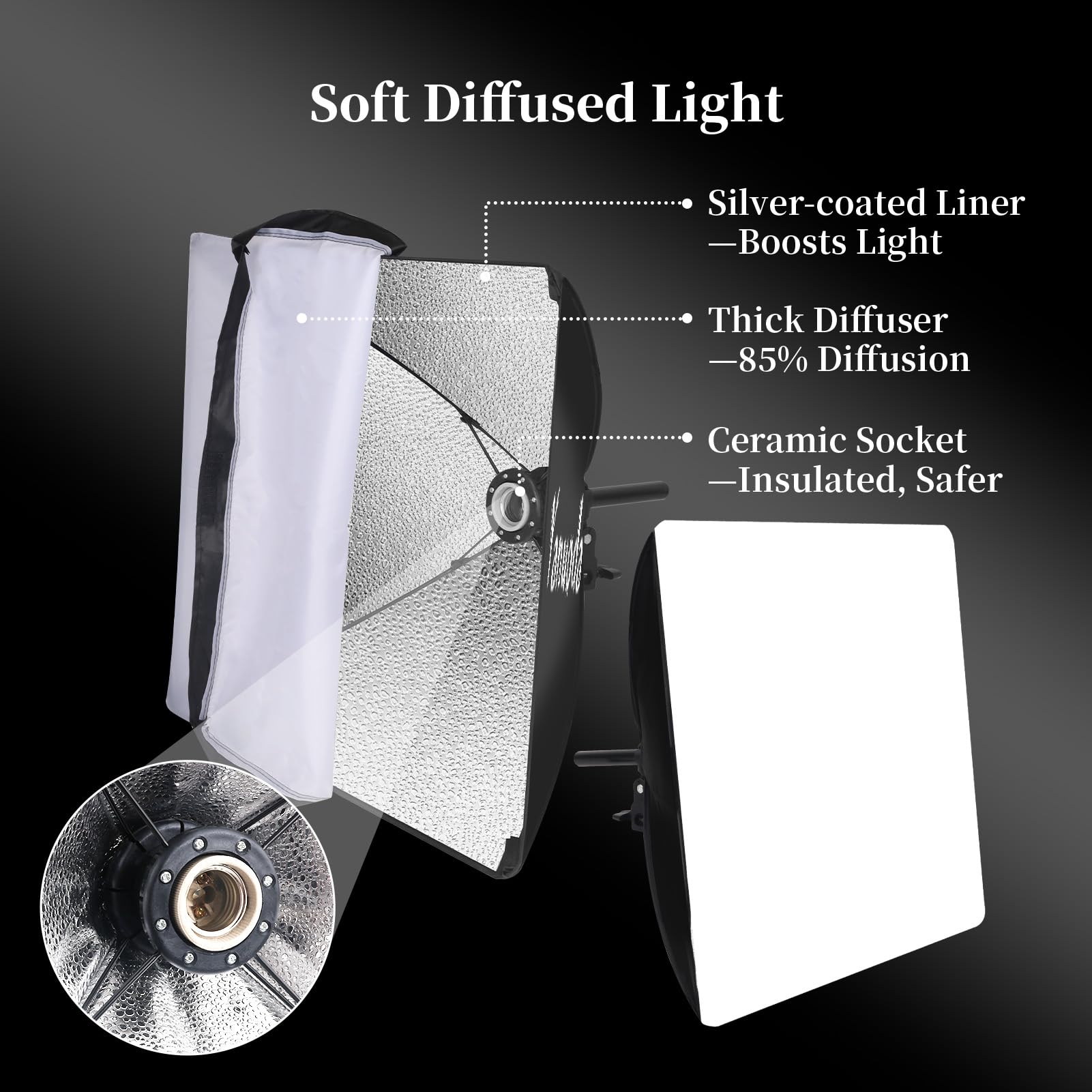Profesjonalny zestaw oświetleniowy softbox 40 x 40 cm – żarówka LED 95 W (3000-7500 K, E27) - światło studyjne do fotografii, nagrywania wideo, transmisji na żywo, nagrywania portretów