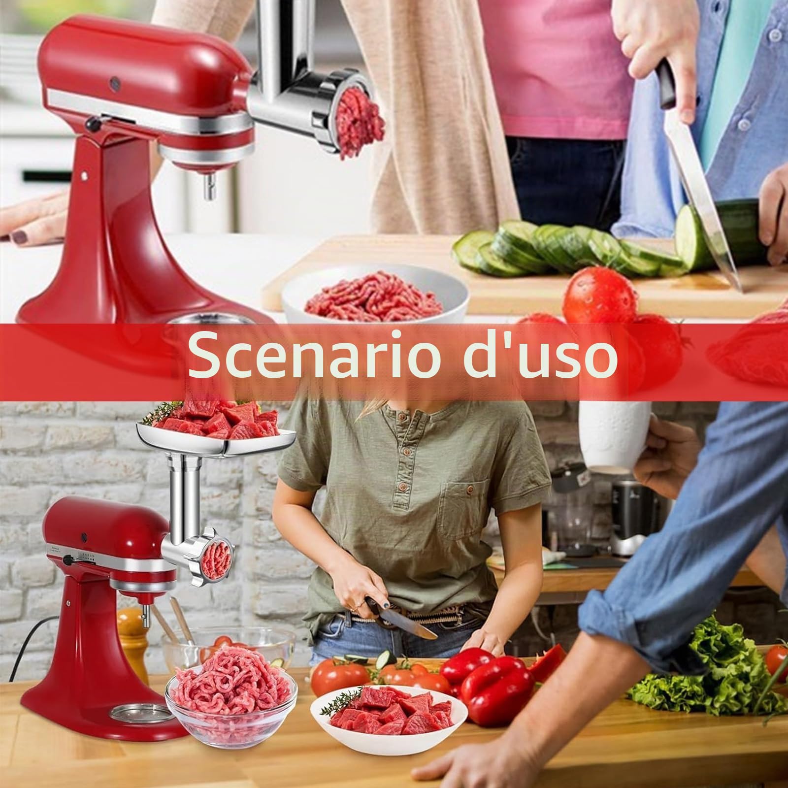 Accessorio Tritacarne, Accessori Kitchen Aid in Acciaio Inox con 4 Dischi di Macinazione 3 Tubi per Insaccati 3 Lame 1 Pestello e 1 Macchina per Hamburger per Tritare Carne Lavorare Frutta Verdura