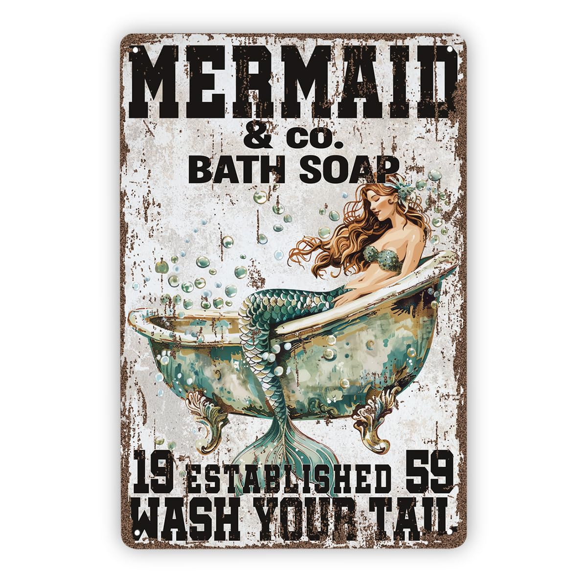 Mermaid Wash Your Tail Bathroom Tin Sign, 11.8x7.9in