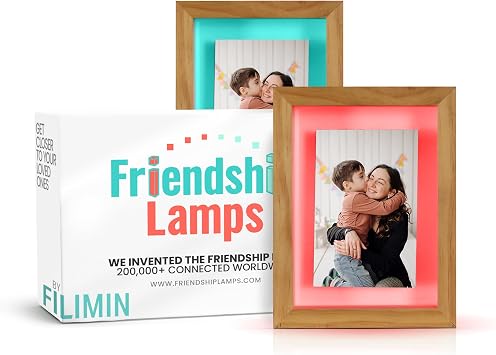 Friendship Lamp Knotty Pine Wood Picture Frame Handmade in USA - Wi-Fi Touch Lamp LED Light for Long-Distance, Connection, Relationship, Friendship, Gift, Over 200 Colors, App Setup - Set of 2
