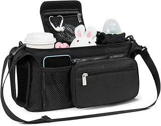 Organizador para cochecito con portavasos aislantes de 33 x 10 x 15 cm con correa de hombro extraíble y asa con cremallera y bolsa de pañales para cochecito con bolsillo (negro)