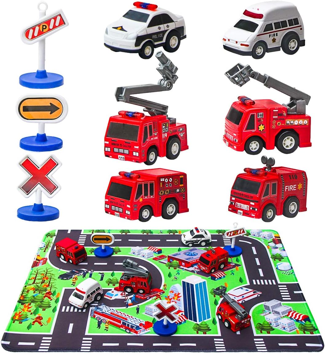 Fire Truck Toys with Play Mat, 6 Fire Engines, 3 Road Signs, 14" x 18" Fire Rescue Playmat, Mini Pull Back Car Toys for 2 3 4 5 Year Old Boy Toddlers