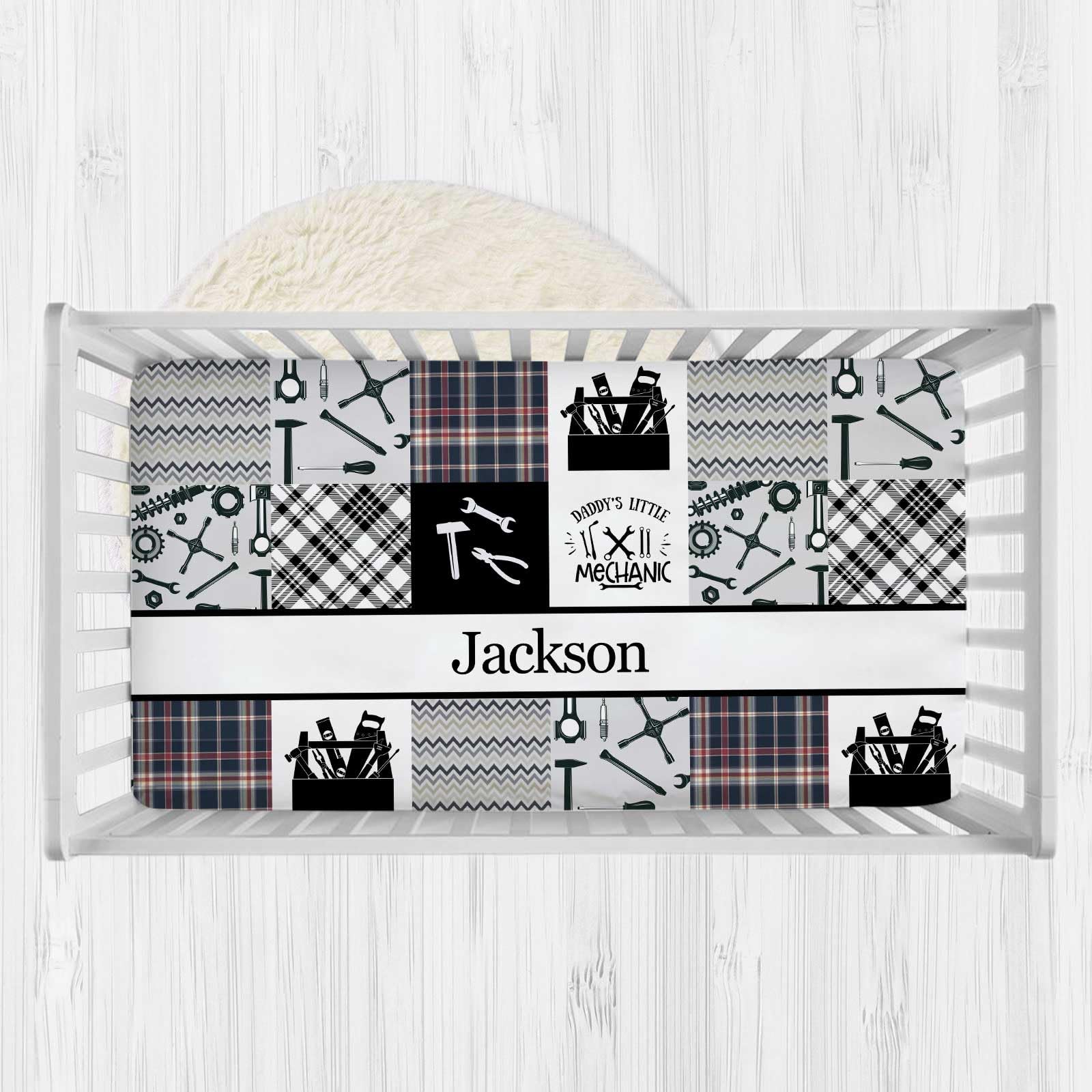 Munific Personalized Baby Crib Sheets, Custom Name Fitted Crib Mattress Sheets, Mechanic Nursery Crib Sheets, Soft Baby Sheets for Standard Crib Toddler Mattresses, 52x28x9 Inch, Cotton Blend