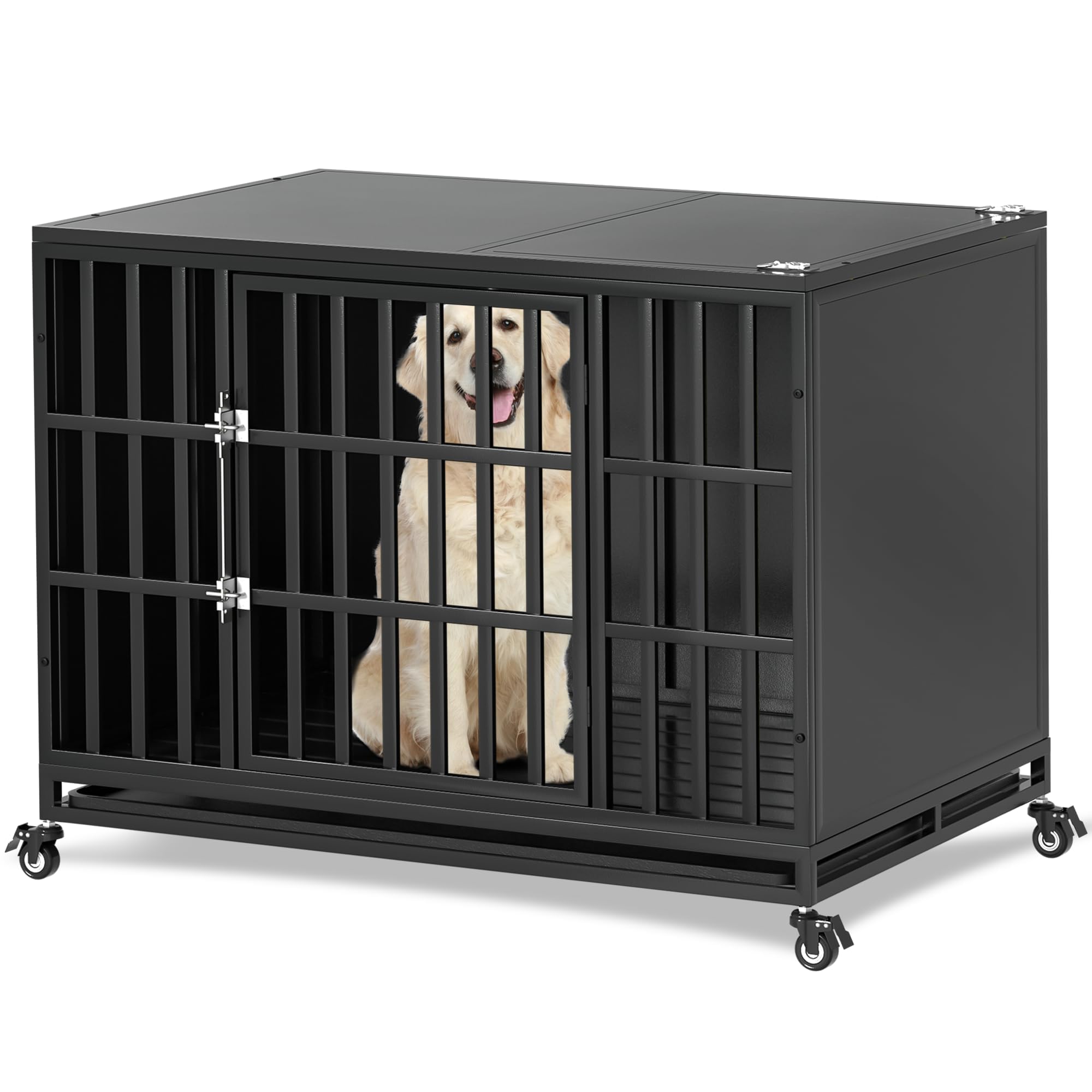 REXWELTEN 42 inch Heavy Duty Dog Crate with Self-Locking Latch, Indestructible Steel Large Kennel with Enclosed Design, Chew-Proof and Escape-Proof