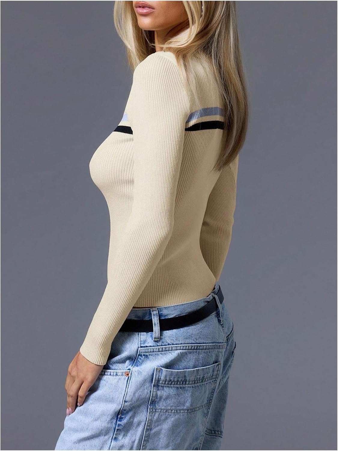 WDIRARA Women's Crew Neck Long Sleeve Sweaters Striped Pullover Fitted Knit Tops - Image 2