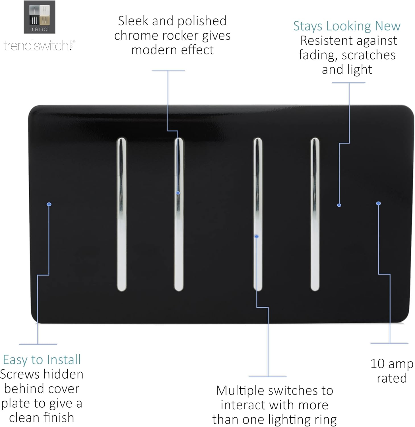 Trendi 4 Gang 3 Way Intermediate Artistic Modern Glossy 10 Amp Rocker Light Switch Piano Black