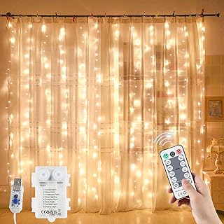 Curtain String Lights, Battery/USB Powered 200 LED Twinkle Light with Remote, Auto On/Off Setting & 8 Modes Fairy Lights f...