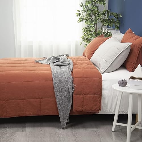 Miniatura 7 de Meadow Park Stonewashed Linen Blend Box Stitch Quilt and Matching Pillow Shams 3pcs Set Queen Size White Color