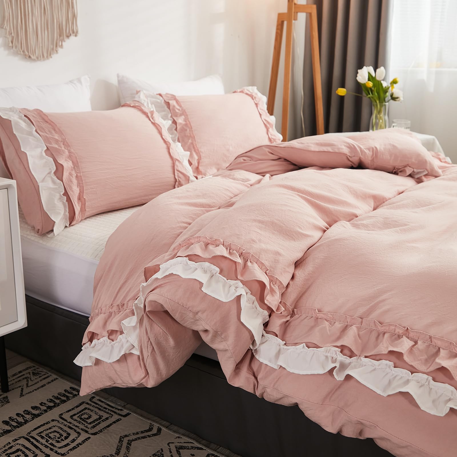 Set di biancheria da letto Herside, con copripiumino a ruche rosa e bianco, design a strati a ruche, stile boho per ragazze, 1 copripiumino e 2 federe (Bianco-rosa, matrimoniale)