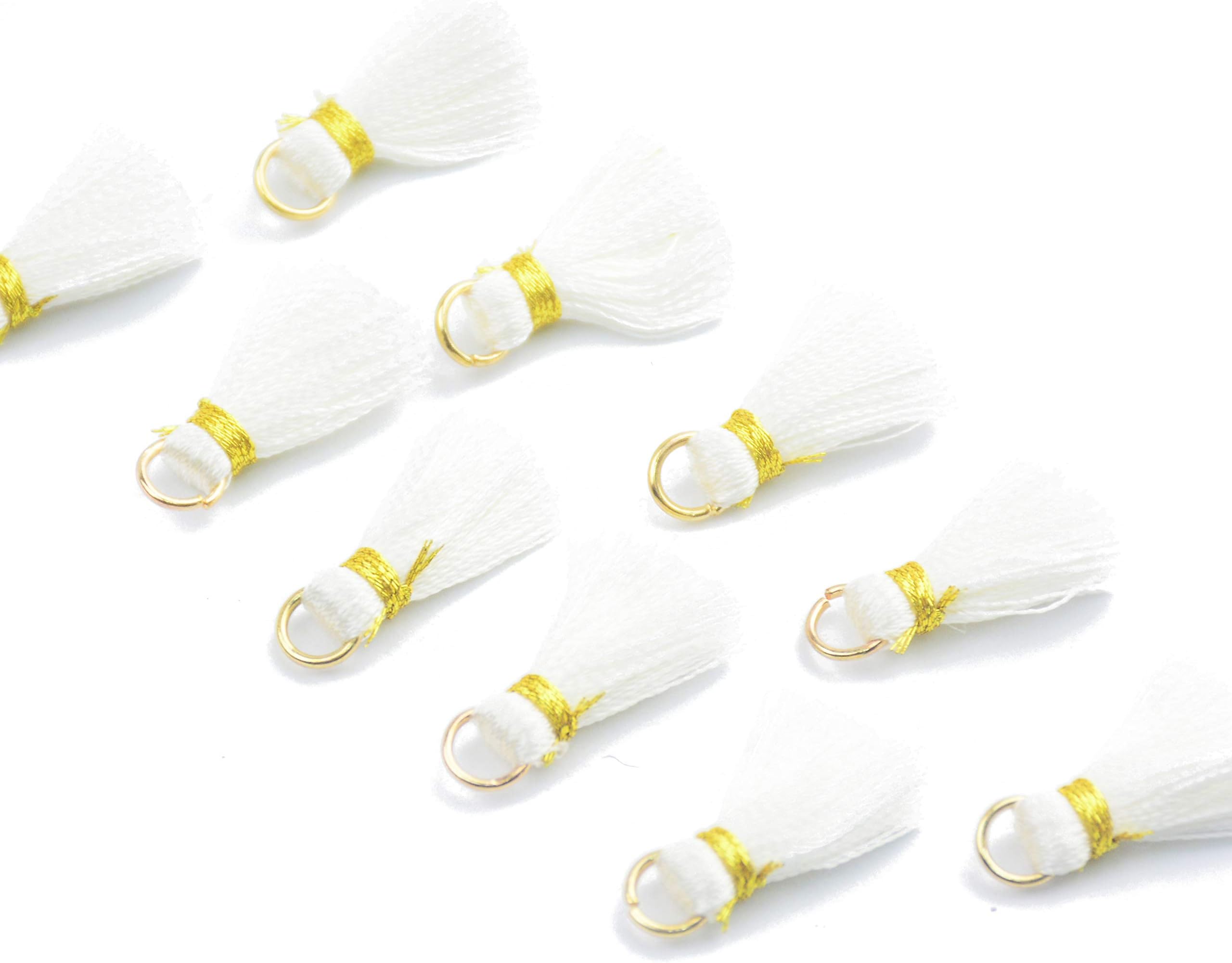 Makhry 50pc 0.8''(2cm) Mini Soft Handmade Silky Floss Tassel with Gold Gold Jump Ring for Woman Earrings, Jewelry Making, Souvenir, DIY Craft Accessory (50, White)
