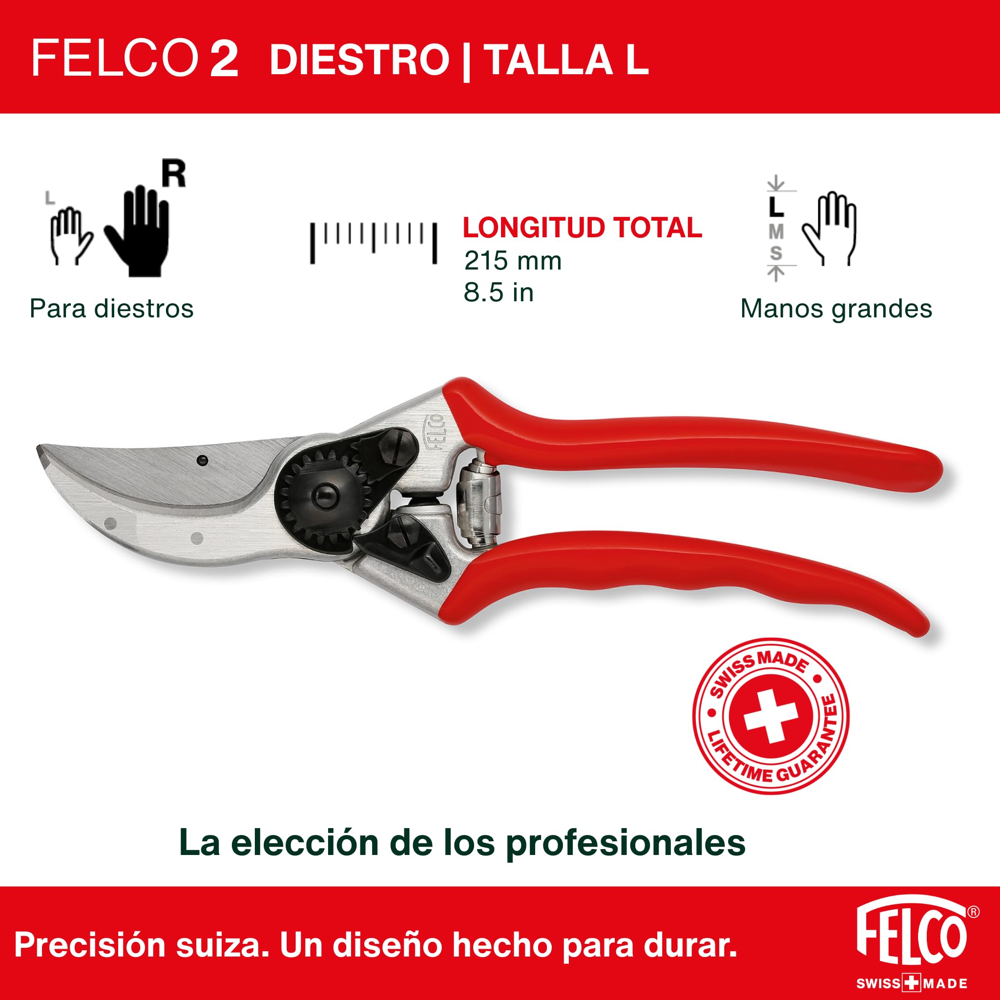 FELCO 2 tijera bypass profesional para diestros, hoja de acero templado 41 mm, mangos de aluminio forjado, corte limpio hasta 25 mm, herramienta suiza robusta