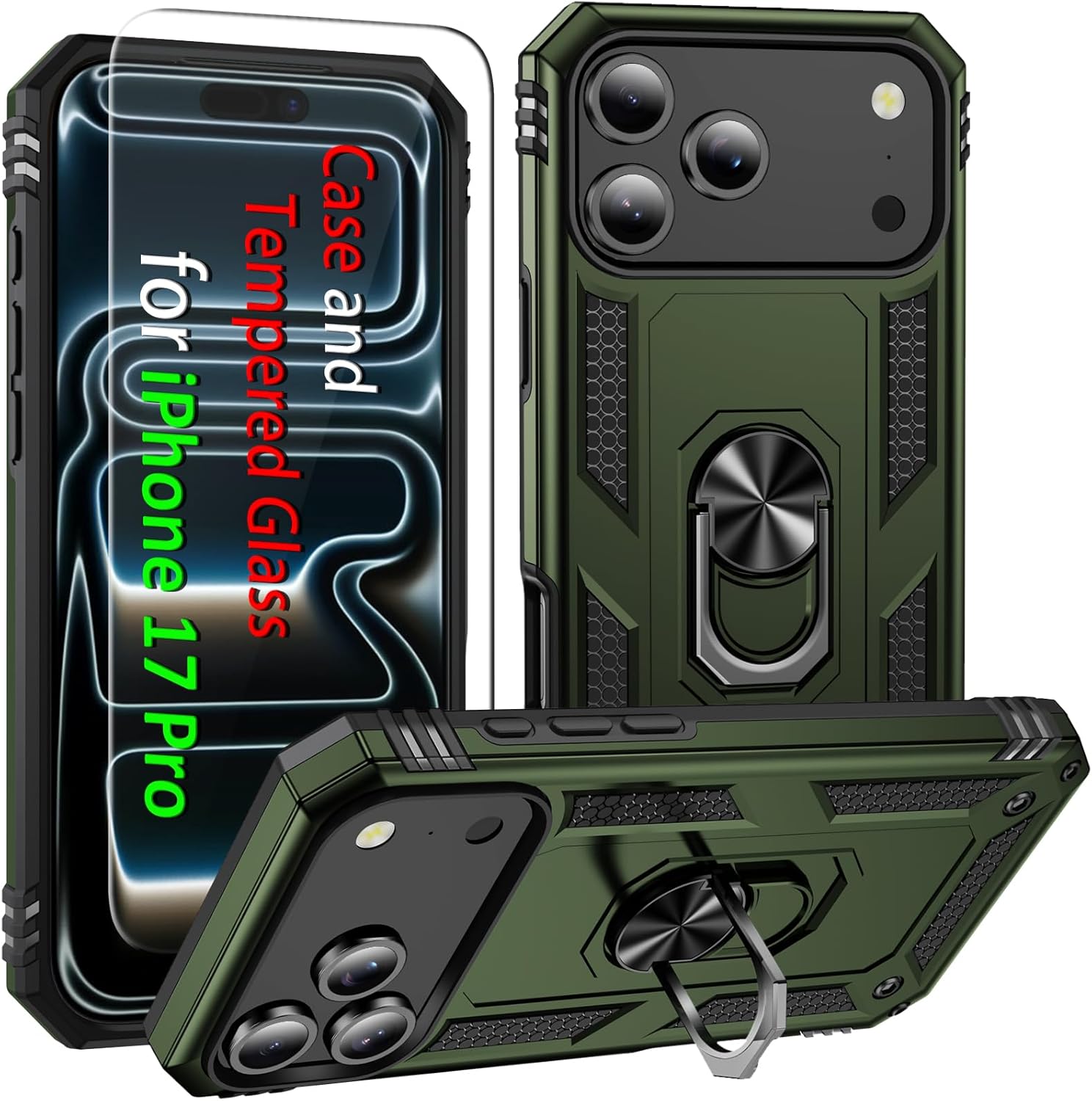i Phone 17 Pro Case, for iPhone 17 Pro Case with Tempered Glass Screen Protector, Adjustable Kickstand Ring, Military-Grade Heavy Duty Protection, Shockproof, Anti-Fingerprint,ArmyGreen