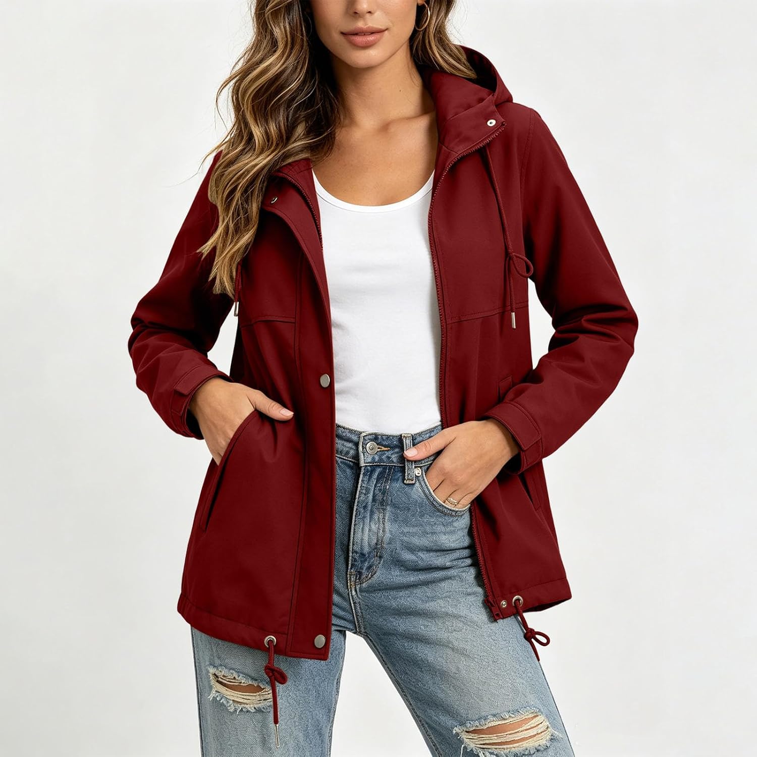 Anorak Jacket for Women Button Front Hooded Zip Up Trench Coat | Women's Mid Length Rain Jacket with Cinch Waist, Snap Pocket, Long Sleeve for Fall Spring Travel Casual Wear