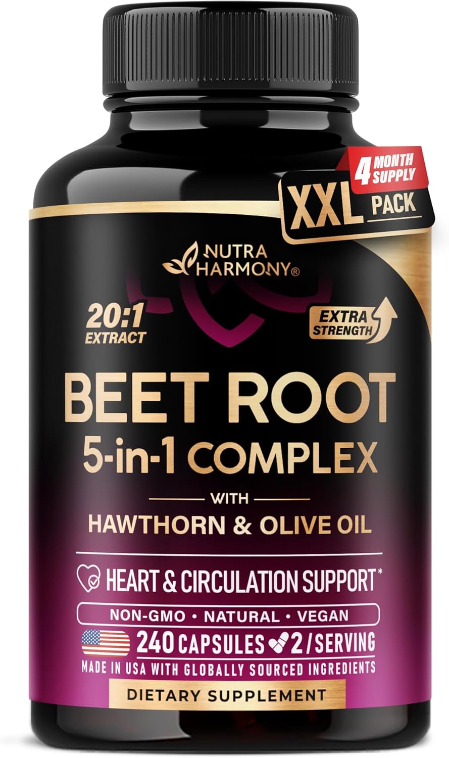 Beet Root 5-in-1 Complex Capsules - Healthy Blood Pressure Support Supplement** for Heart & Circulation Support - with Hawthorn Berry, Hibiscus & Garlic - for Men & Women - Made in USA, 240 Capsules
