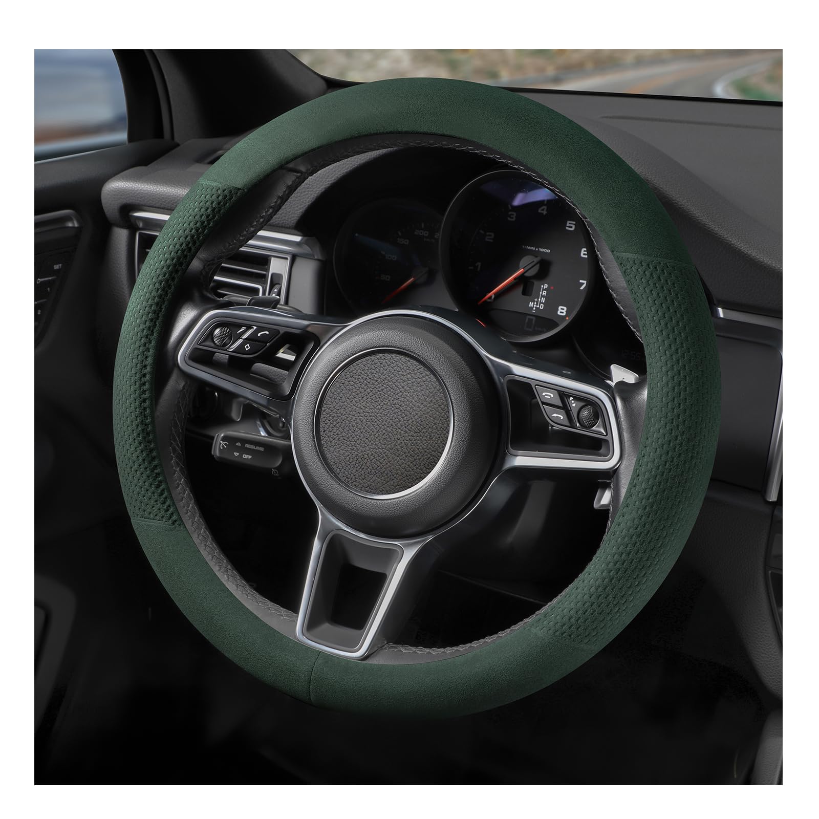 Funda para volante SthExtra de gamuza con anillo interior de silicona mejorado, transpirable, antideslizante, de cuero, universal, de 14,5 a 15 pulgadas, verde con estampado en relieve.