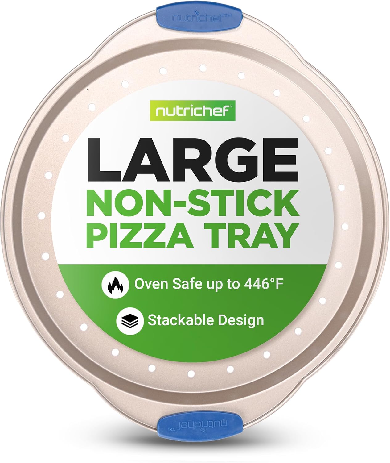 NutriChef 13-Inch Non-Stick Pizza Tray – with Silicone Handle, Round Steel Non-stick Pan with Perforated Holes, Premium Bakeware, Pizza Tray with Extended Handles, Dishwasher Safe – Champagne Gold