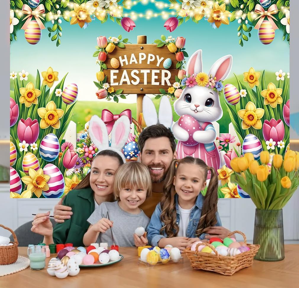 Happy Easter Backdrop Bunny Colorful Eggs Floral Spring Garden Green Grass Photography Background Kids Baby Shower Birthday Party Decorations Banner Photo Props (7x5FT)