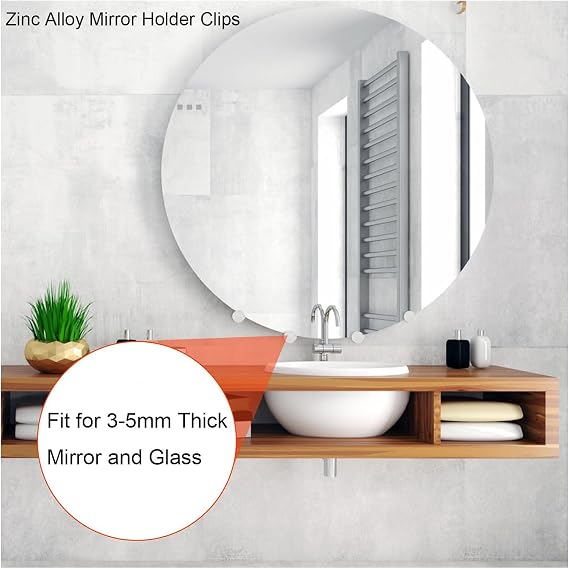 Frameless Mirror Mounting Hardware Kit Zinc Alloy Mirror Holder Clips Round Shape Dual-Screw Fixing Mirror Glass Hanging Bracket with Screws and Anchors Fit for 3-5mm Thickness (Silver, Set of 4 )