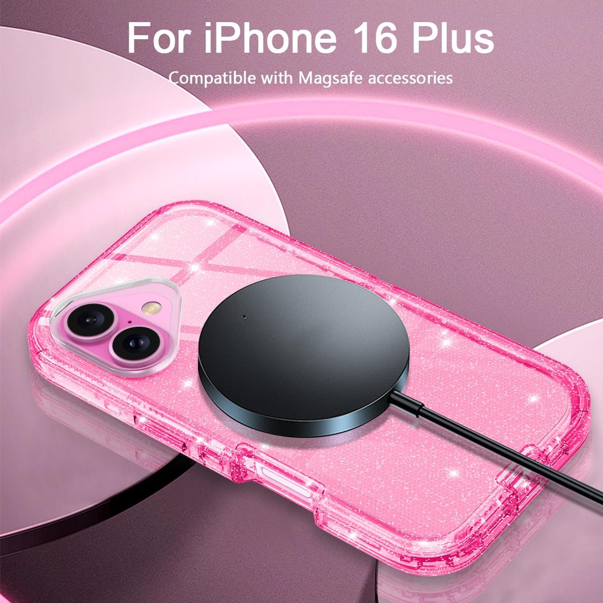 I-HONVA for iPhone 16 Plus Case Clear [Non Yellowing] [Compatible with MagSafe] Shockproof 3-Layer Full Body Protection Rugged Heavy Duty Cover Case for Apple iPhone 16 Plus 6.7",Clear Pink Glitter - Image 3