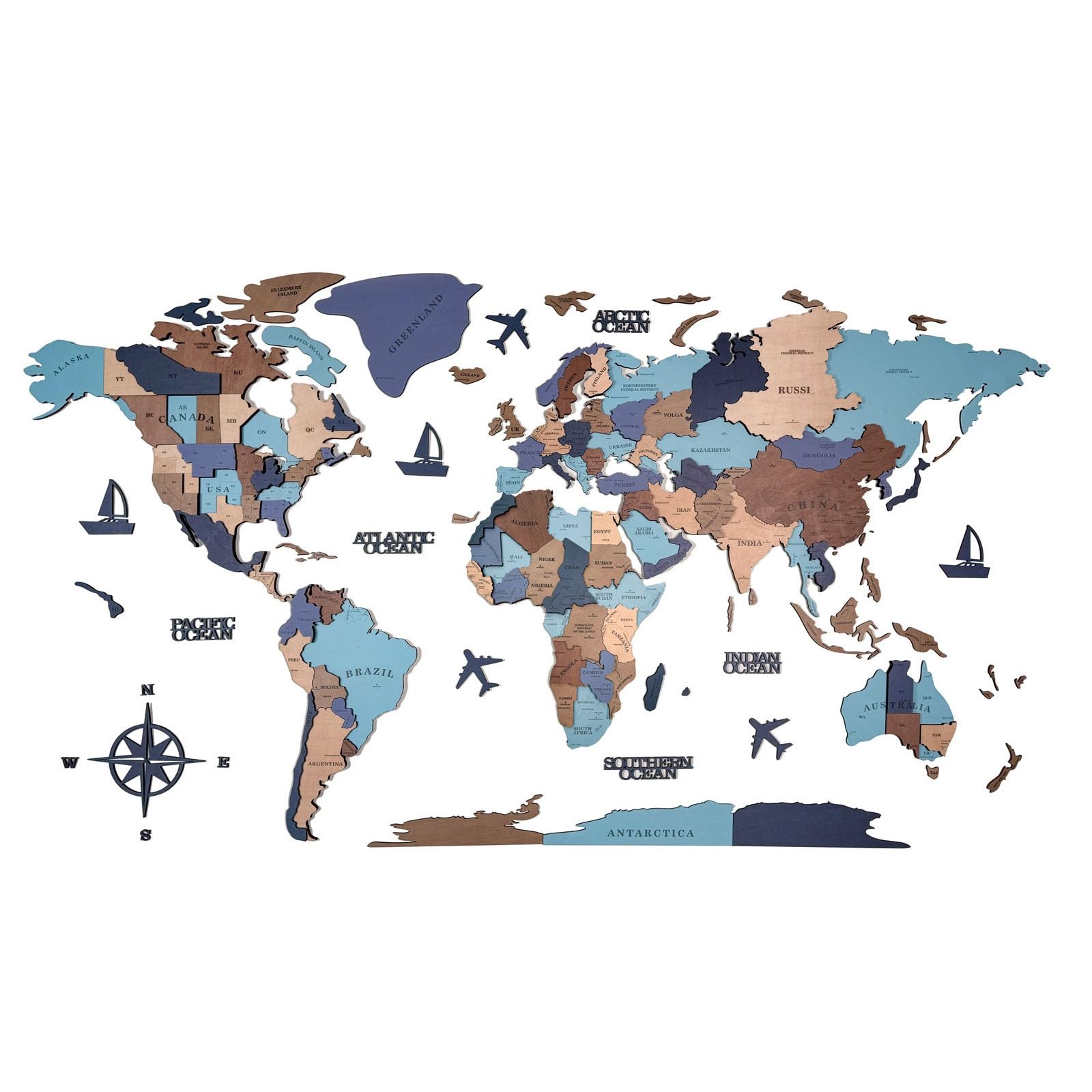3d Wood World Map Wall Art, Wooden World Map 3D Art Large Wall Decor, Living Room Hanging Mural Wallscape, Creative Wall Decoration for Living Room Background(Color 1,300x170cm/118.1x66.9in)