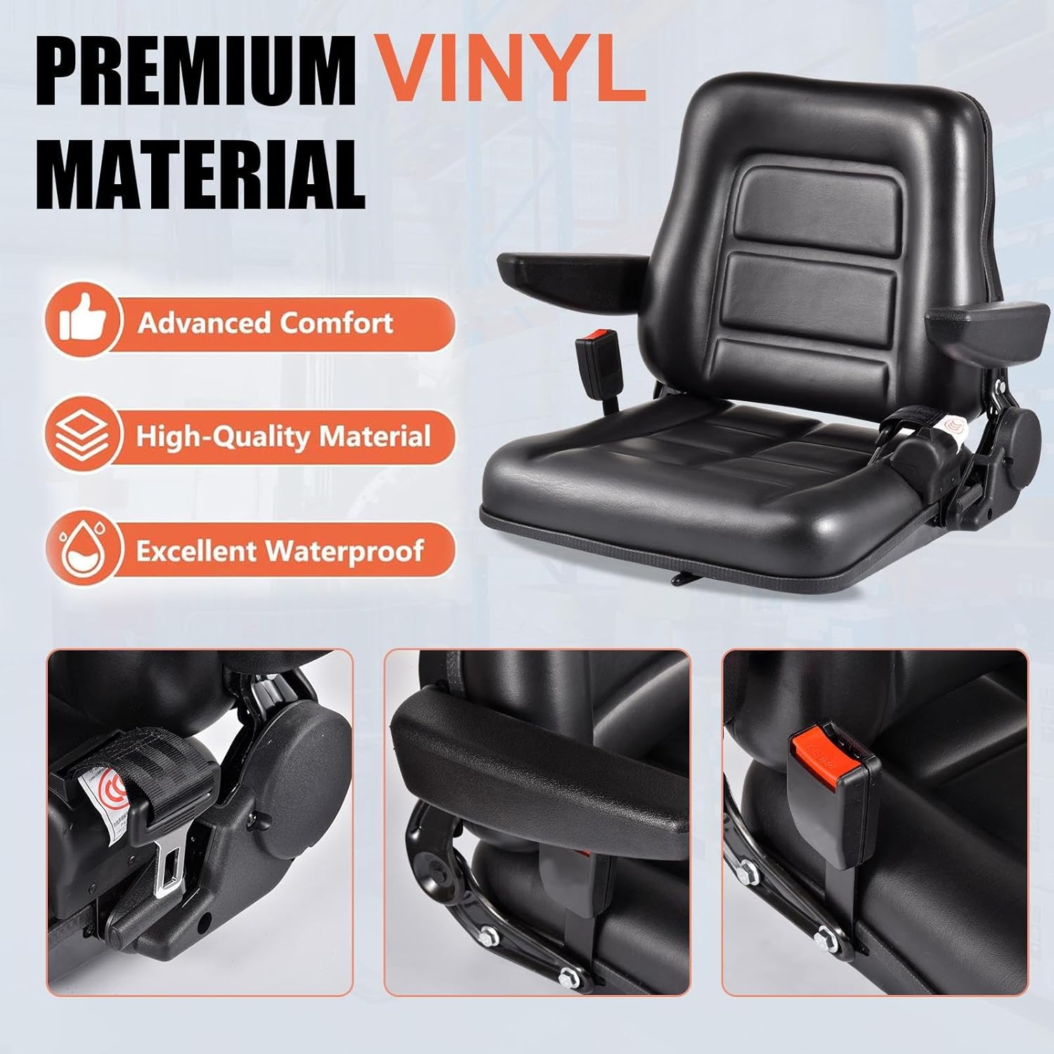 Lawn Tractor Seat - Adjustable Lawnmower Seat with Safety Belt - Seats Replacement for Excavator Dozer, Tractor, Skid Loader, Mower