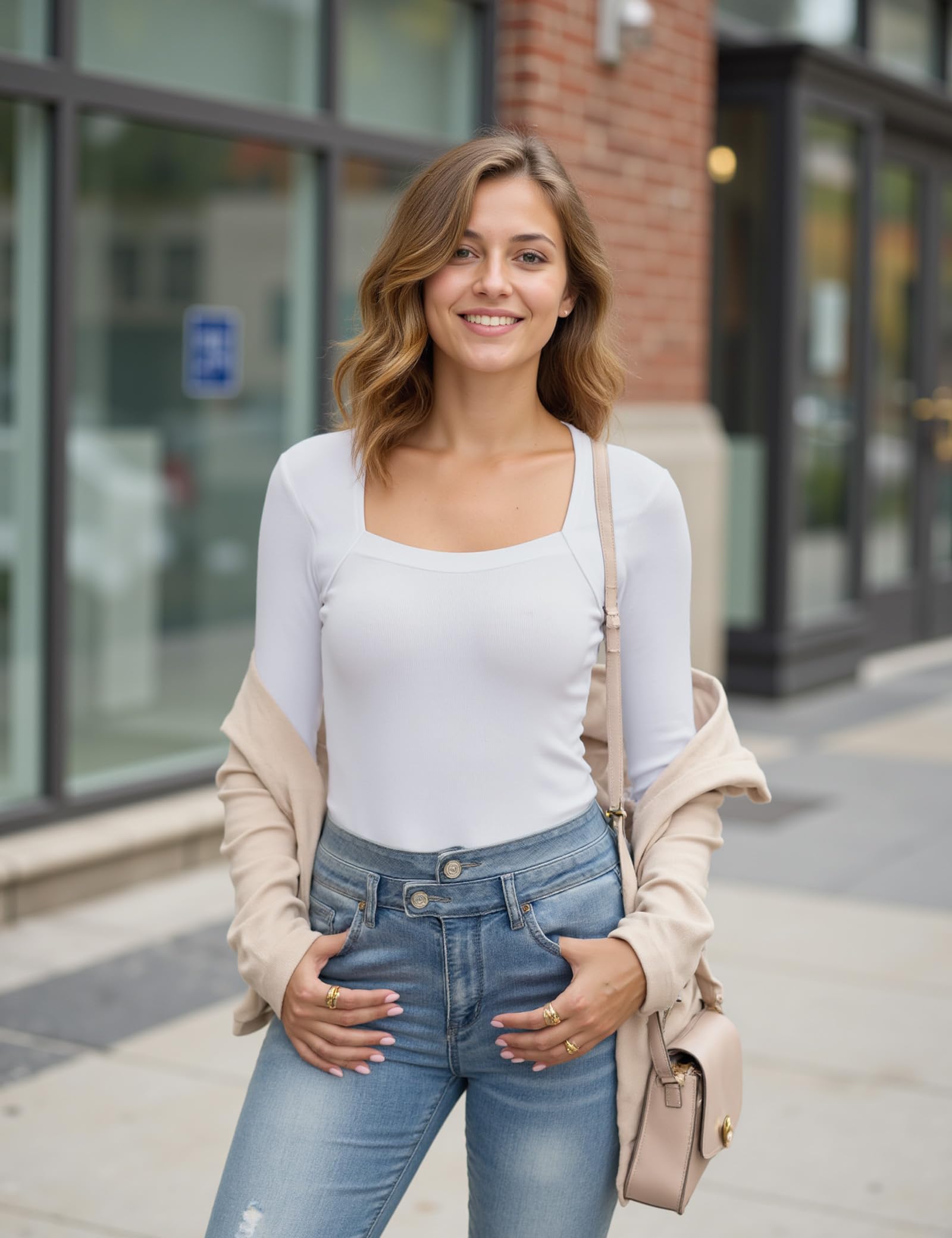 Aottori Maglie Donna Maniche Lunghe Scollo Quadrato Cotone Maglietta Elasticizzato Coste Tee Shirt Elegante T Shirt Slim Fit Sottogiacca Basic Top Leggera Casual