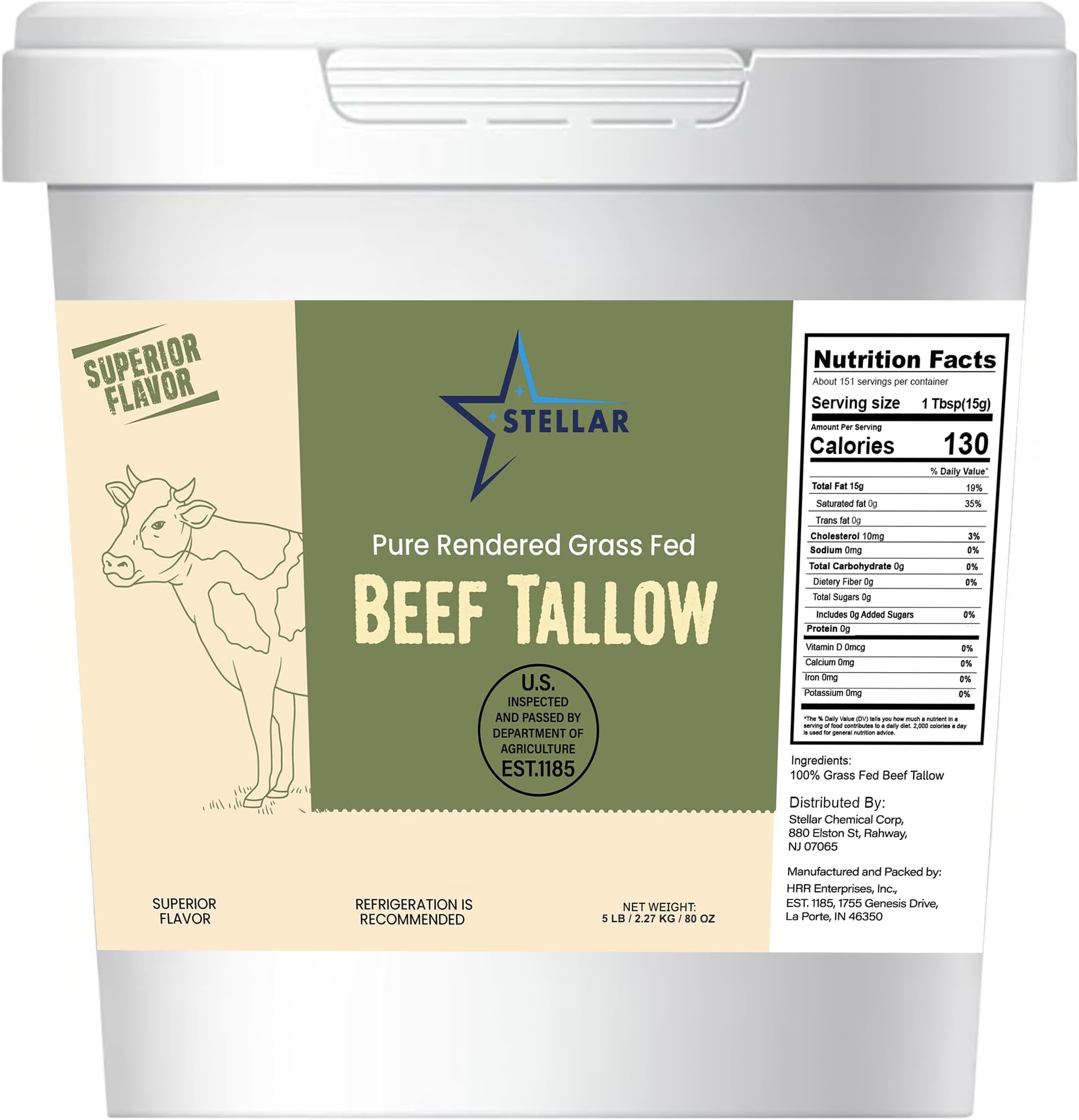 STELLAR CHEMICAL CORP Stellar Beef Tallow, 100% Grass-Fed and Finished, Good for Cooking, Baking and Frying, Food Grade, 5 lbs