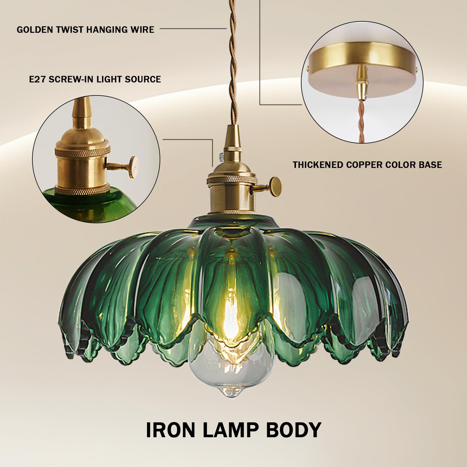 zhxinashu Lampada a Sospensione Verde Vetro, Lampadario Cucina Moderno | Lampada da Soffitto con Motivo Floreale in Vetro, Lampadina E27 Non Inclusa, Lampadario Verde per Camera da Letto e Soggiorno