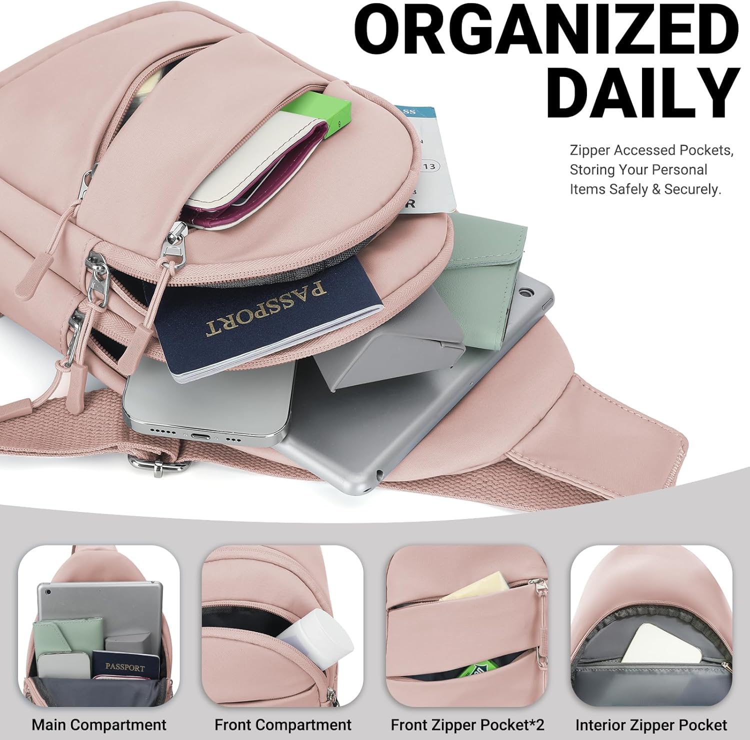 Tuwubi Crossbody Bags for Women, Sling Bag for Men, Small Hiking Backpack Anti Theft Lightweight for Outdoors Travel (M, Pink) - Image 4