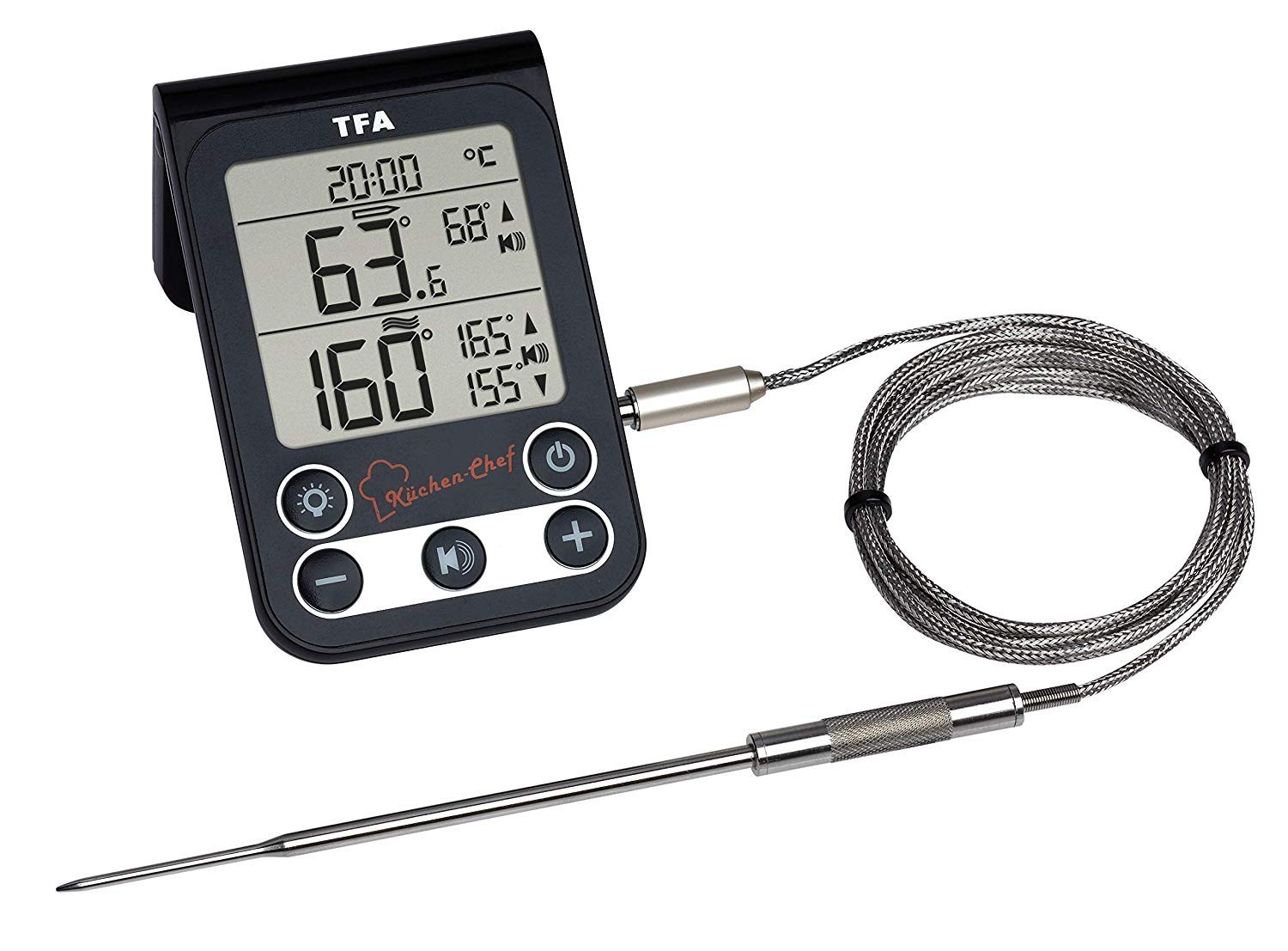 TFA Dostmann 14.1512.01 Küchen-Chef Digitales Grillthermometer Bratenthermometer, Kontrolle der Kerntemperatur und Garraumtemperatur, mit Knickschutz und Alarmton (schwarz mit Batterien)