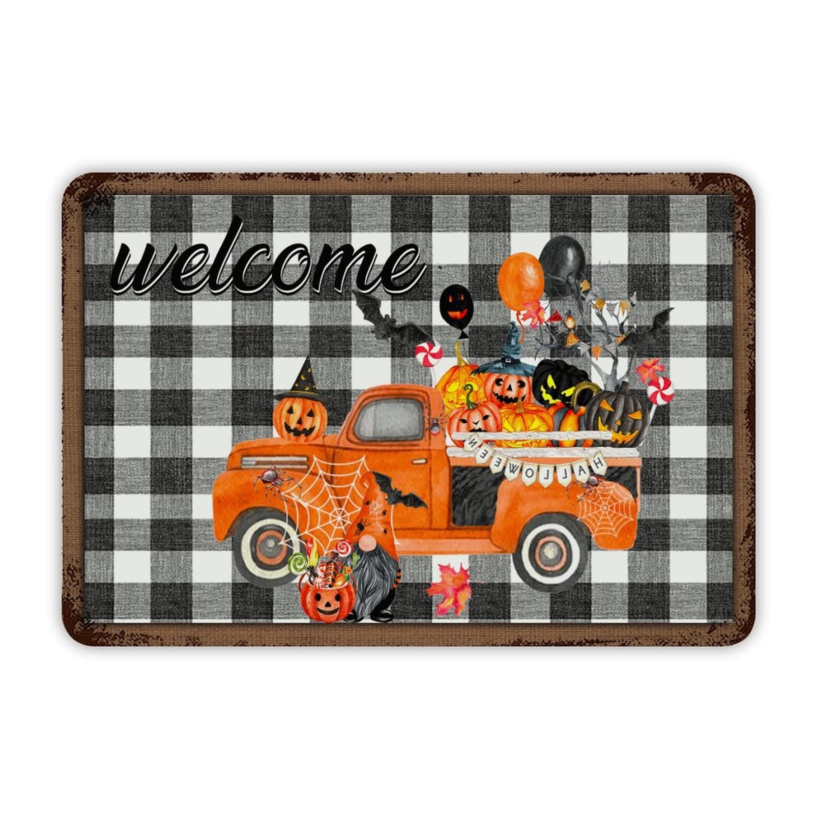 ENEDNATE Black and White Buffalo Plaid Halloween Truck Gnome Aluminum Tin Sign 8"x12" Waterproof Vintage Metal Sign for School Office Classroom Gate Garage Garden Home Wall Decor Housewarming Gifts