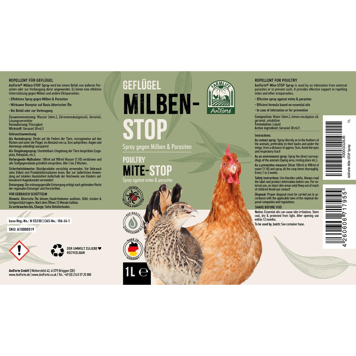 AniForte Aerosol para Pollos y Aves de Corral 1 litro - contra ácaros y parásitos, ácaros del Polvo, Aerosol Ambiental y Aerosol de Contacto, para infestaciones agudas y Medidas preventivas