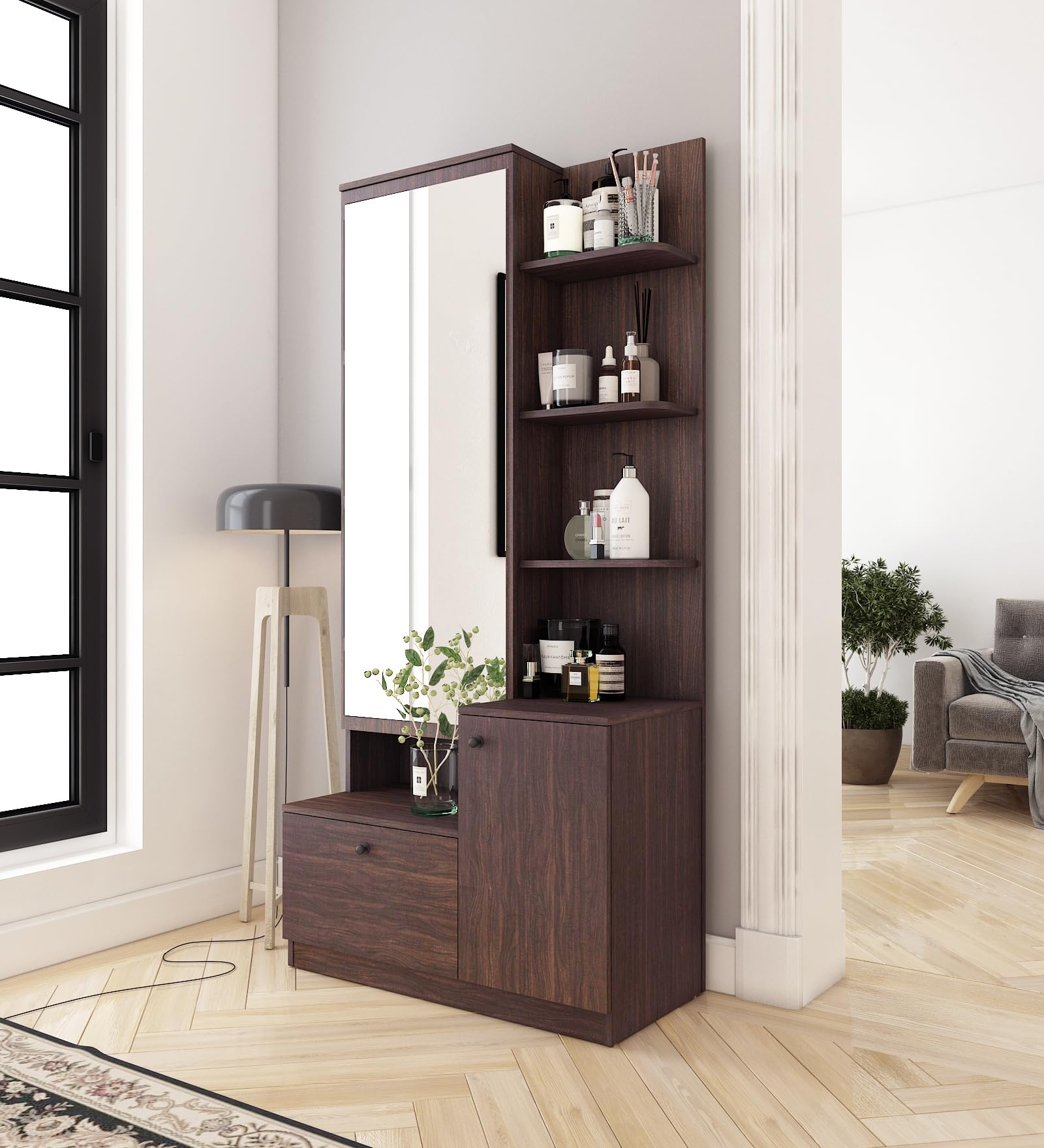 Nexivo Dressing Table | Choco Walnut Finish | Including Mirror, Storage Drawers & Shelves | Knock Down Assembly | 36 Months Warranty-image-14