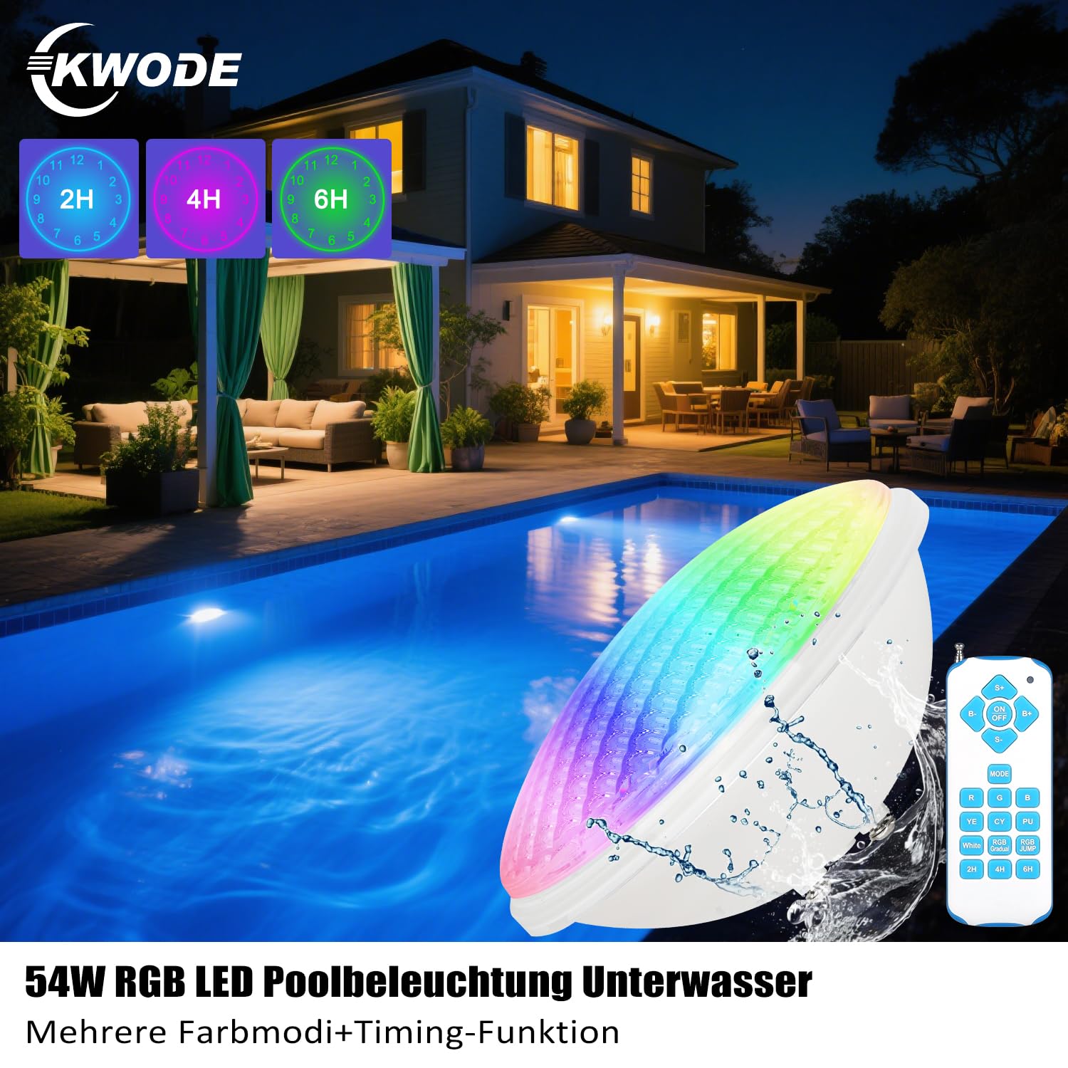 RGB Poolbeleuchtung, 54 W PAR56 Pooscheinwerfer Timing 2/4/6H con telecomando, lampada da piscina IP68 impermeabile, 12 V AC/DC