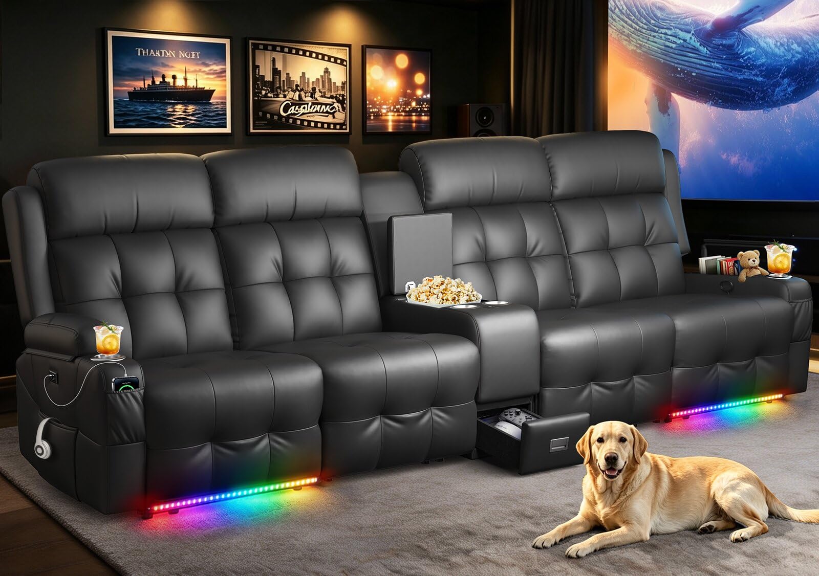 RV Loveseat Recliner Sofa, Home Theater Seating with Console &amp; Massage
