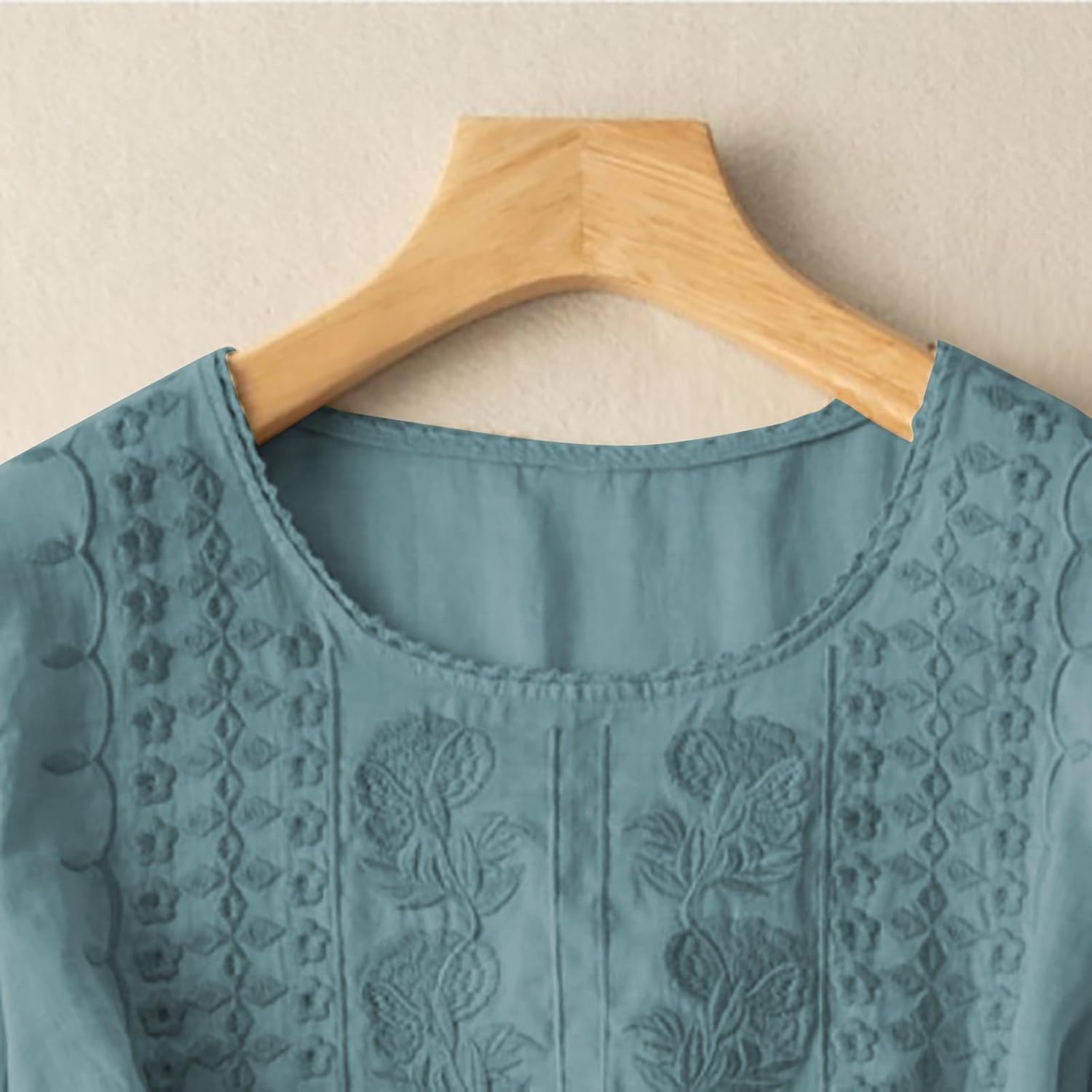 Womens 2 Peice Linen Sets 3/4 Sleeve Embroidered Tops and Wide Leg Straight Pants Spring Summer Flowy Boho Outfits - Image 6