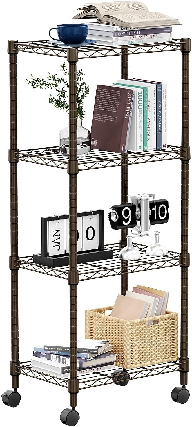 M MZG 1000 lbs 4-Shelf Adjustable Heavy Duty Steel Wire Rack, Adjustable Storage Shelving Unit with Wheel for Kitchen, Garage, Laundry Brown 11.8" D x 17.7" W x 40.8" H