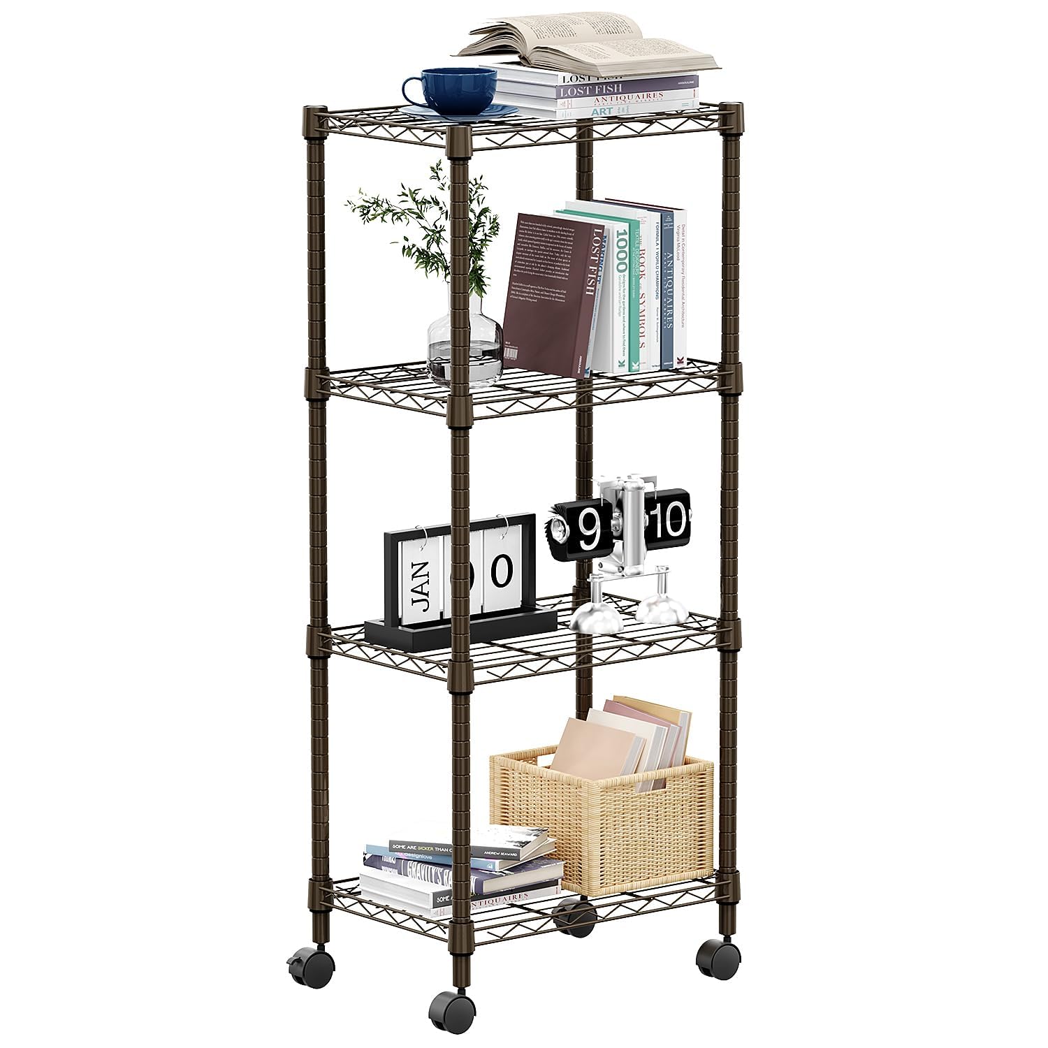 MZG 1000 lbs 4-Shelf Adjustable Heavy Duty Steel Wire Rack, Adjustable Storage Shelving Unit with Wheel for Kitchen, Garage, Laundry Brown 30x45x103.6cm — image 1