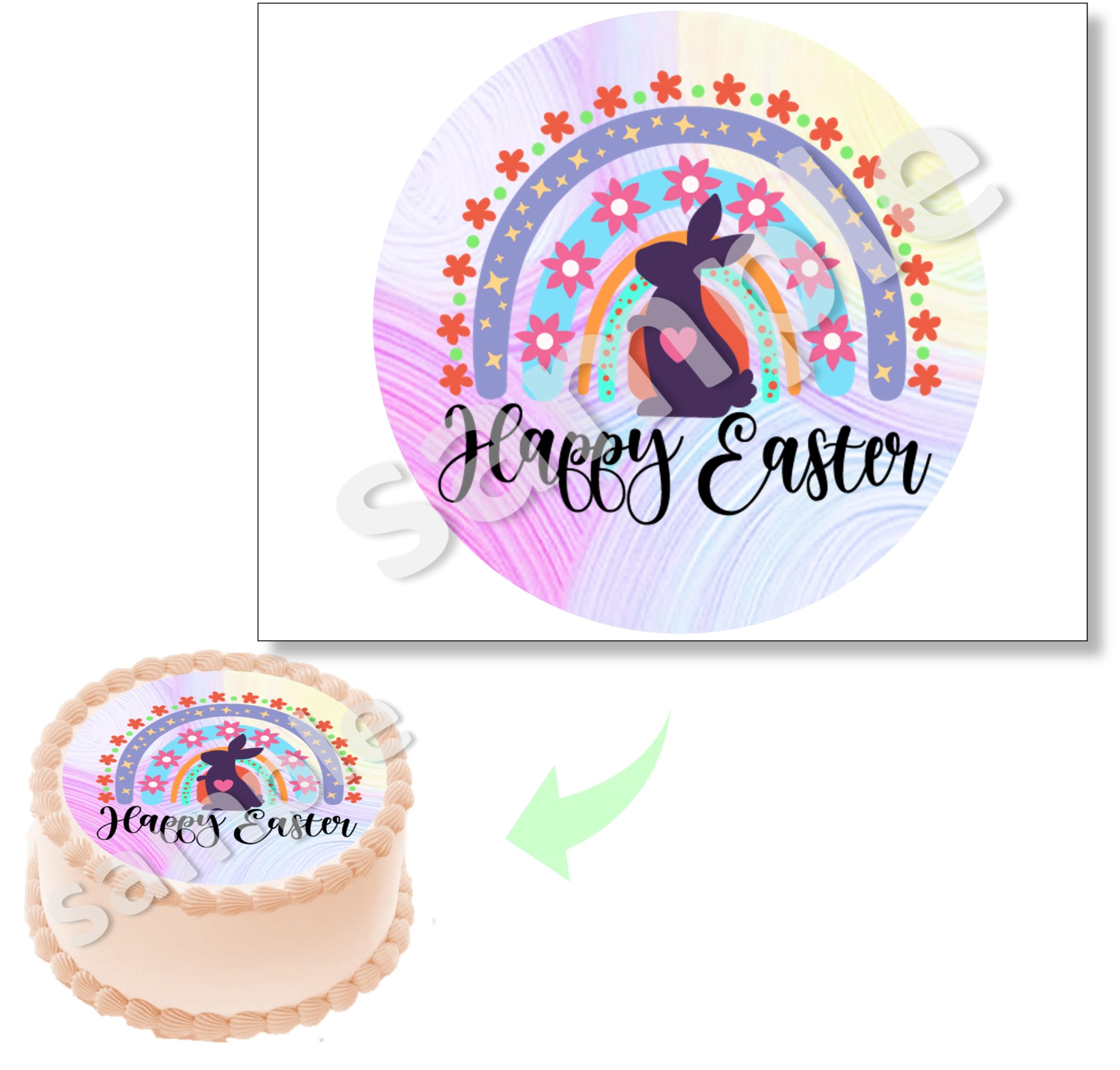 Easter Edible cake images, topper printed on edible paper sugar icing sheet, Pascua cake topper, cute bunny, Happy easter rainbow, Custom your own size NON PRECUT Pastel colors.