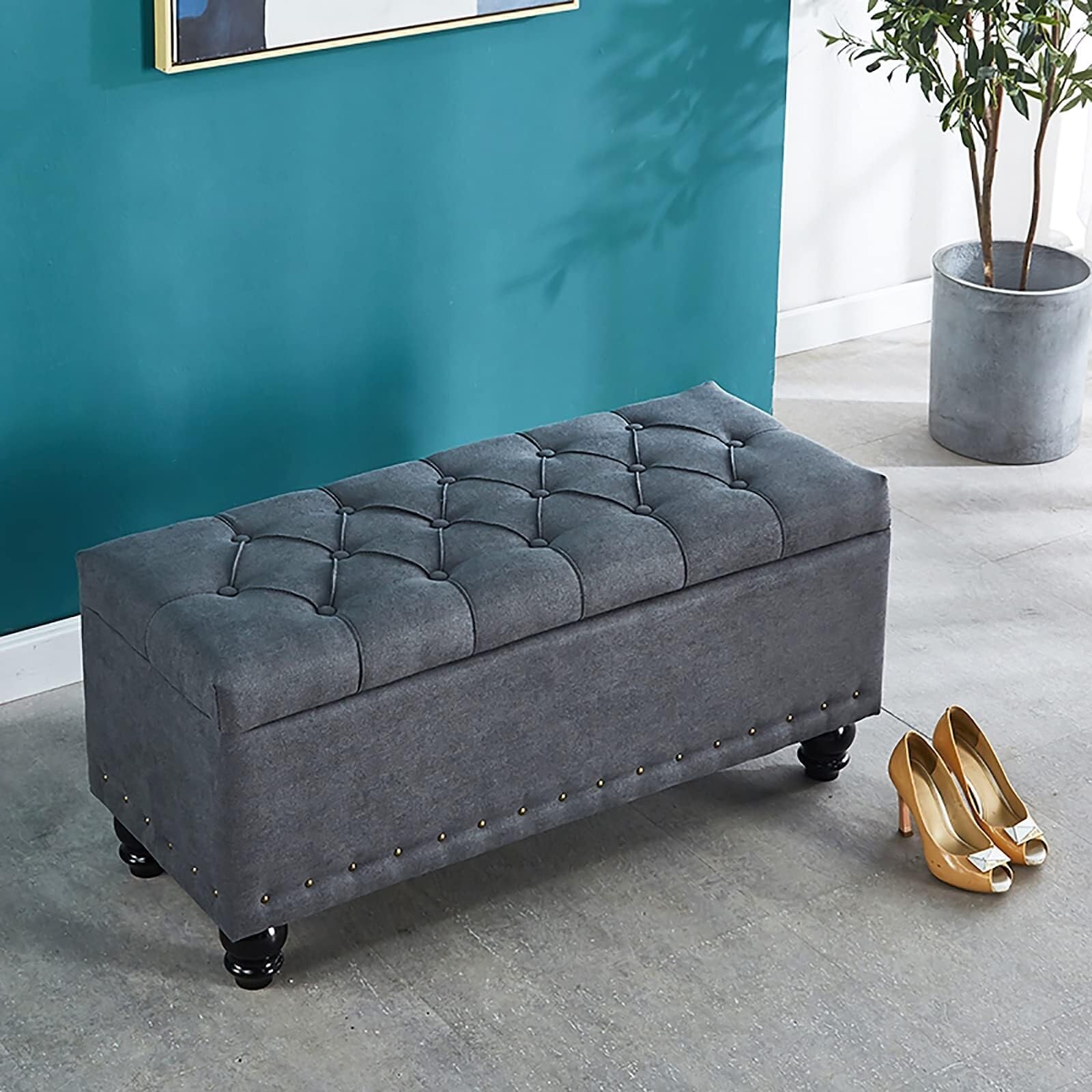 Repose-pieds coffre en lin et tabouret à langer gris pour salon