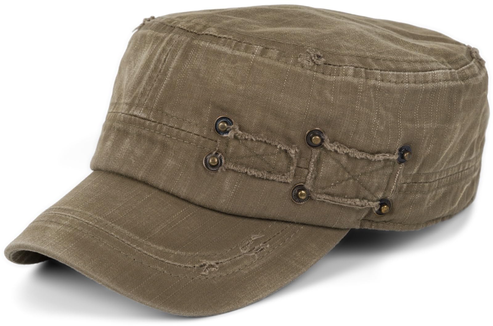 Stylebreaker Women's Olive-Brown Unisex Military Cap In Washed Destroyed Used Look, Vintage With Rips And Holes, Adjustable 04023011, Colour: