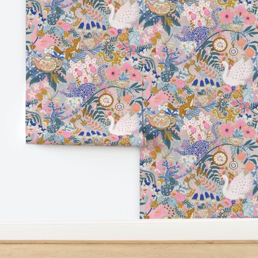 Peel & Stick Wallpaper 3ft x 2ft - Tea Time Fairy Tale Animas Whimsial Maximalist Gray Pink Custom Removable Wallpaper by Spoonflower